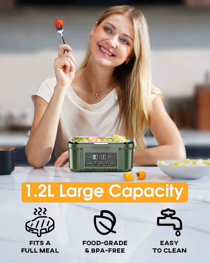 FERVINOW Cordless Electric Lunch Box for Adults – Battery-Powered Heated Lunch Box with 1.2L Stainless Steel Container, Timer Function, and Leak-Proof Food Warmer for Work, Travel & Office - Image 2